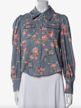 LoveShackFancy Blue Floral Printed Corduroy Blouse